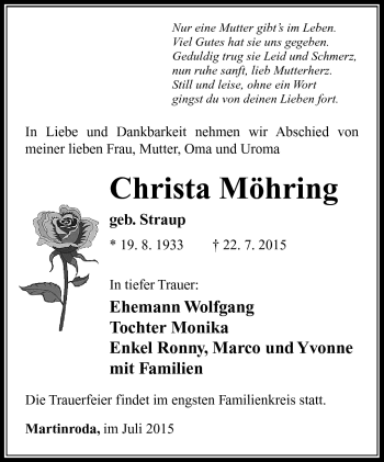 Traueranzeige von Christa Möhring von Südthüringer Presse