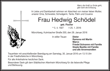 Traueranzeige von Hedwig Schödel von Frankenpost