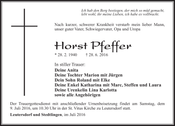 Traueranzeige von Horst Pfeffer von Südthüringer Presse
