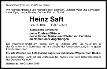 Traueranzeige von Heinz Saft von Südthüringer Presse