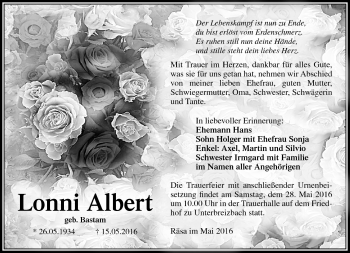 Traueranzeige von Lonni Albert von Südthüringer Presse