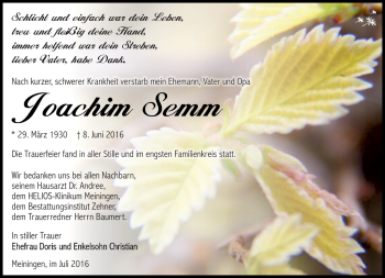 Traueranzeige von Joachim Semm von Südthüringer Presse