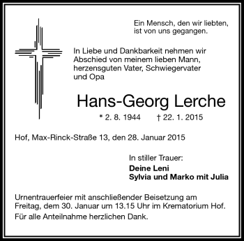 Traueranzeige von Hans-Georg Lerche von Frankenpost