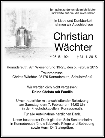 Traueranzeige von Christian Wächter von Frankenpost