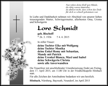 Traueranzeige von Lore Schmidt von Südthüringer Presse
