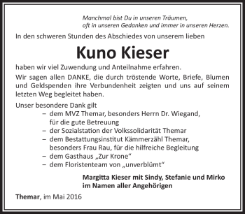 Traueranzeige von Kuno Kieser von Südthüringer Presse