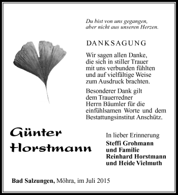 Traueranzeige von Günter Horstmann von Südthüringer Presse
