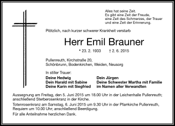 Traueranzeige von Emil Brauner von Frankenpost