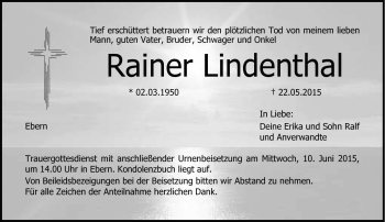 Traueranzeige von Rainer Lindenthal von Neue Presse Coburg