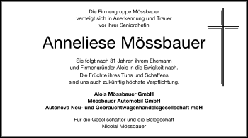 Traueranzeige von Anneliese Mössbauer von Frankenpost