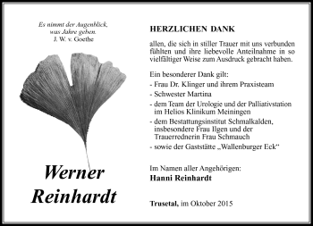 Traueranzeige von Werner Reinhard von Südthüringer Presse