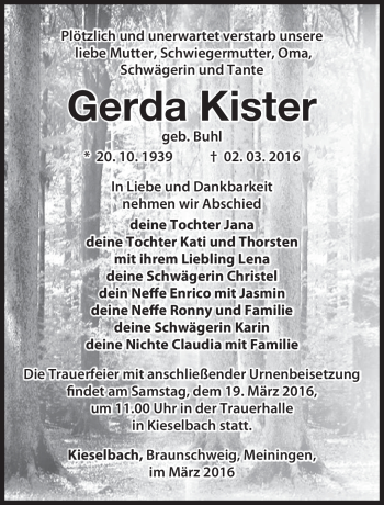 Traueranzeige von Gerda Kister von Südthüringer Presse