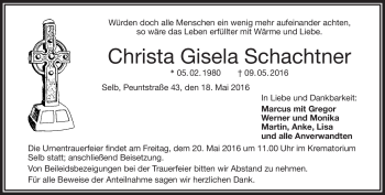 Traueranzeige von Christa Gisela Schachtner von Frankenpost