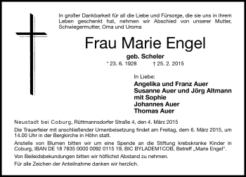 Traueranzeige von Marie Engel von Neue Presse Coburg
