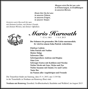 Traueranzeige von Mario Harwath von Südthüringer Presse