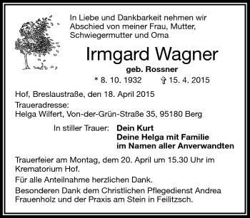 Traueranzeige von Irmgard Wagner von Frankenpost