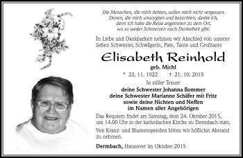 Traueranzeige von Elisabeth Reinhold von Südthüringer Presse