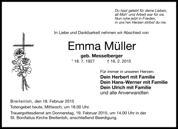 Traueranzeige von Emma Müller von Neue Presse Coburg