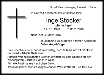 Traueranzeige von Inge Stöcker von Frankenpost