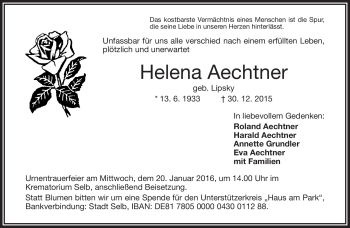 Traueranzeige von Helena Aechtner von Frankenpost