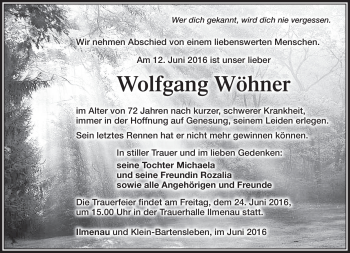 Traueranzeige von Wolfgang Wöhner von Südthüringer Presse