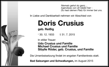 Traueranzeige von Doris Crusius von Südthüringer Presse