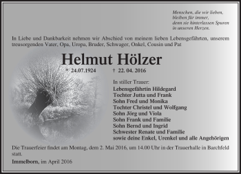 Traueranzeige von Helmut Hölzer von Südthüringer Presse