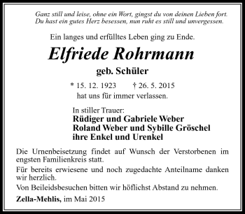 Traueranzeige von Elfriede Rohrmann von Südthüringer Presse