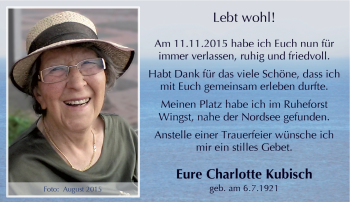Traueranzeige von Charlotte Kubisch von Südthüringer Presse