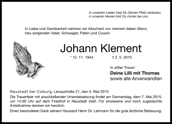 Traueranzeige von Johann Klement von Neue Presse Coburg