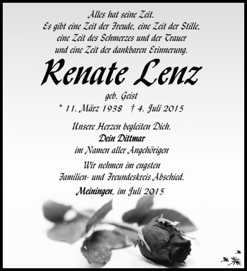 Traueranzeige von Renate Lenz von Südthüringer Presse