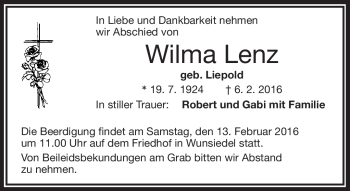 Traueranzeige von Wilma Lenz von Frankenpost