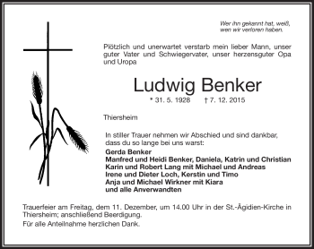 Traueranzeige von Ludwig Benker von Frankenpost