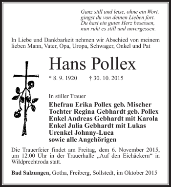 Traueranzeige von Hans Pollex von Südthüringer Presse