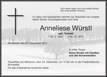Traueranzeige von Anneliese Würstl von Frankenpost