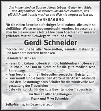 Traueranzeige von Gerdi Schneider von Südthüringer Presse