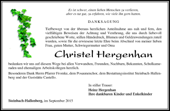 Traueranzeige von Christel Hergenhahn von Südthüringer Presse