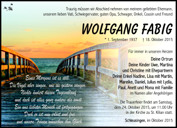 Traueranzeige von Wolfgang Fabig von Südthüringer Presse