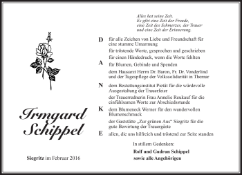 Traueranzeige von Irmgard Schippel von Südthüringer Presse