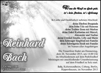 Traueranzeige von Reinhard Bach von Südthüringer Presse