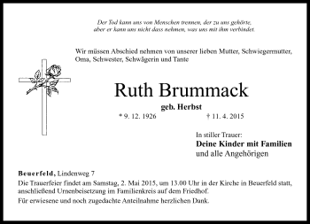 Traueranzeige von Ruth Brummack von Neue Presse Coburg