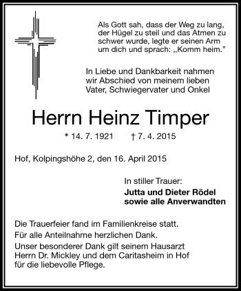 Traueranzeige von Heinz Timper von Frankenpost