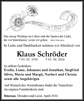 Traueranzeige von Klaus Schröder von Südthüringer Presse