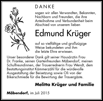 Traueranzeige von Edmund Krüger von Südthüringer Presse