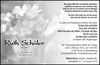 Traueranzeige von Ruth Schüler von Südthüringer Presse