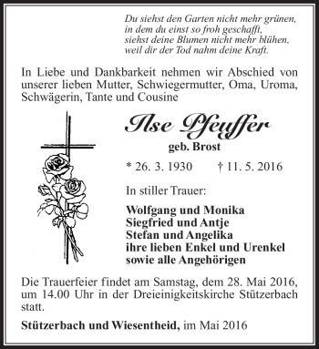 Traueranzeige von Ilse Pfeuffer von Südthüringer Presse