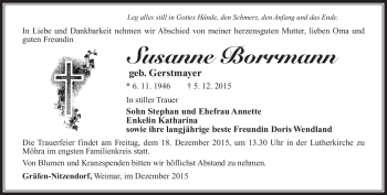 Traueranzeige von Susanne Borrmann von Südthüringer Presse