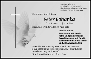 Traueranzeige von Peter Bohanka von Frankenpost