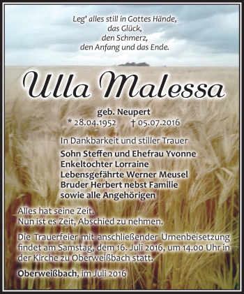 Traueranzeige von Ulla Malessa von Südthüringer Presse