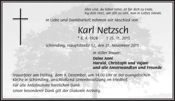 Traueranzeige von Karl Netzsch von Frankenpost